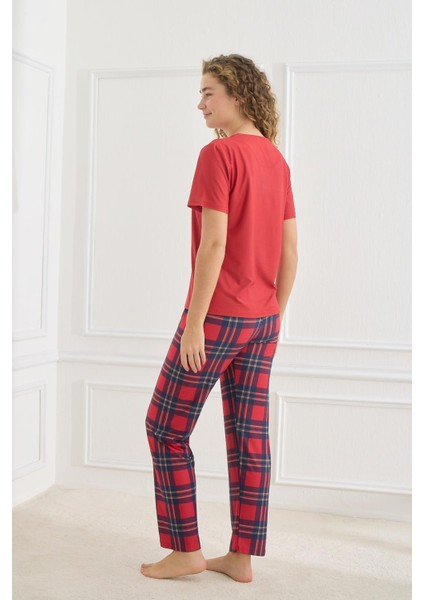 Kadın Ekose Desenli Bisiklet Yaka Pijama Takım | Kırmızı 30102-598