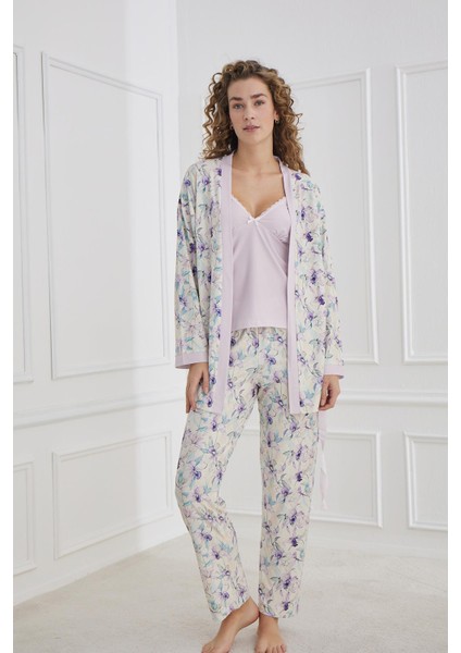 Kadın Çiçek Desenli Ip Askılı Sabahlıklı 3'lü Pijama Takım | Lila 30201-954