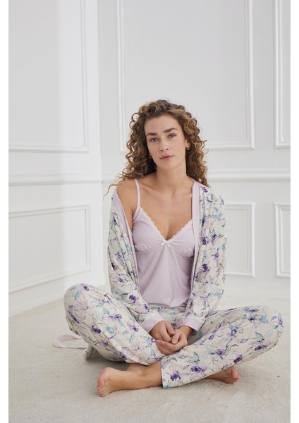 Kadın Çiçek Desenli Ip Askılı Sabahlıklı 3'lü Pijama Takım | Lila 30201-954