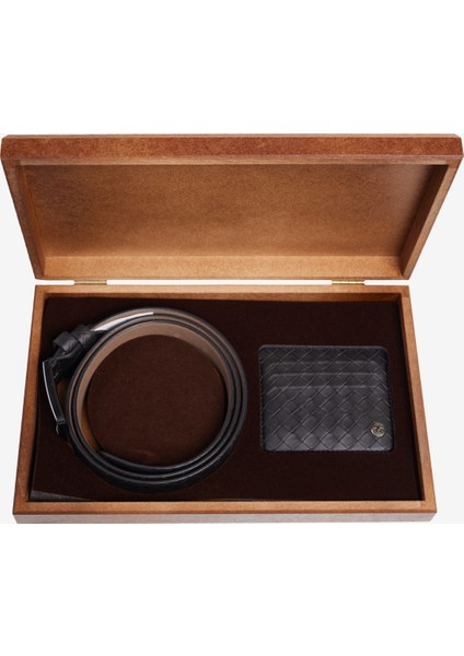 ALTINYILDIZ CLASSICS Erkek Siyah Özel Ahşap Hediye Kutulu Kemer - Kartlık Aksesuar Set Damat Bohçası fiyatları