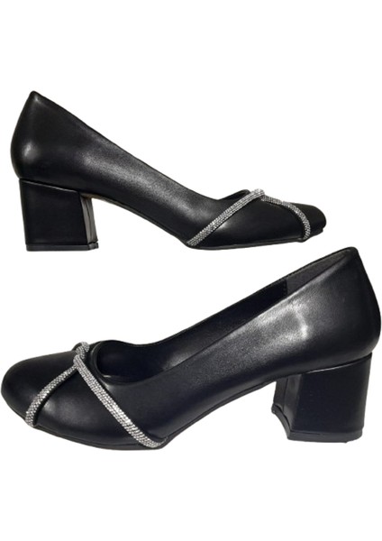Kadın Büyük Beden Taşlı Siyah Şık Klasik Topuklu Ayakkabı