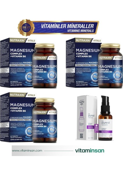 Magnesium Complex Vitamin B6 60 Tablet Takviye Edici Gıda 3 Adet (Onarıcı Serum Hediyeli)
