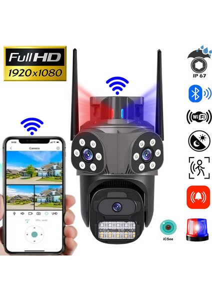 3 Kameralı Fhd Polis Çakarlı Yapay Zekalı Insan Algılamalı Wifi Dış Mekan Güvenlik Kamerası