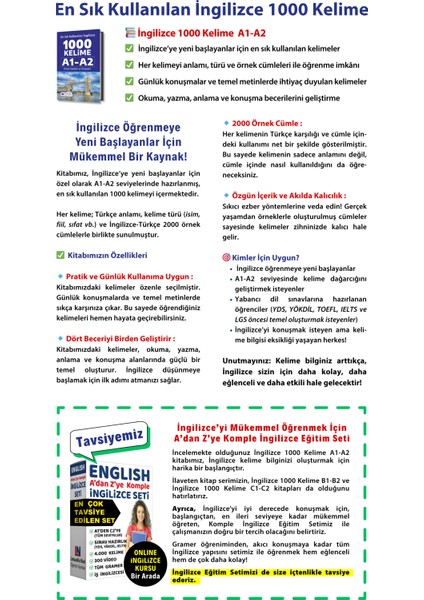 İngilizce Kelime Kitabı A1-A2 - En Sık Kullanılan 1000 Kelime, 2000 Örnek Cümle Ve Türkçeleri