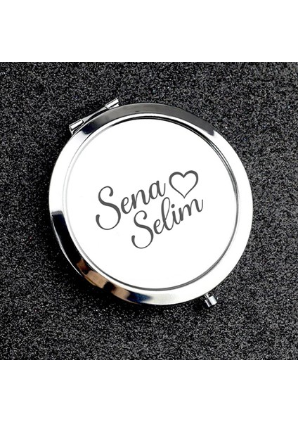 Kişiye Özel Çift İsim Baskılı Daire Metal Ayna Çanta, Cep ve Makyaj Aynası