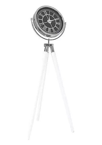 Tripod Ayaklı Dekoratif Saat Roma Rakamlı Beyaz-Krom Kaplama Beyaz Ayaklı