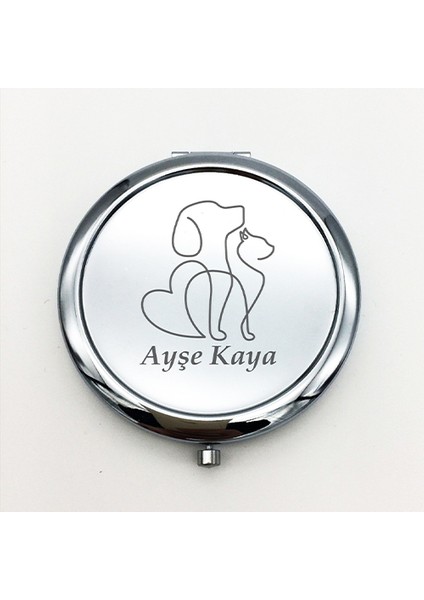Kişiye Özel İsimli Kedi ve Köpek Baskılı Daire Metal Ayna Çanta, Cep ve Makyaj Aynası