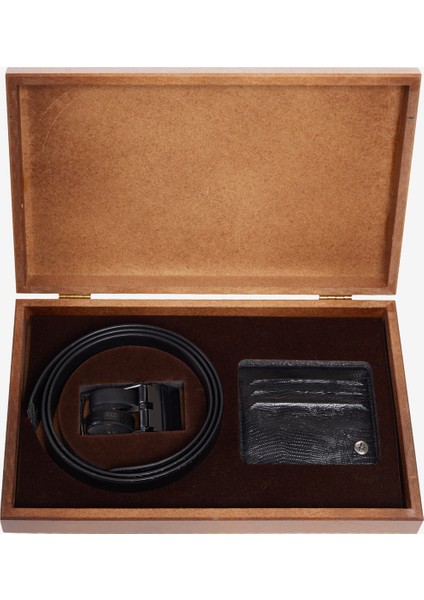 ALTINYILDIZ CLASSICS Erkek Siyah Özel Ahşap Hediye Kutulu Kemer - Kartlık Aksesuar Set Damat Bohçası fiyatları