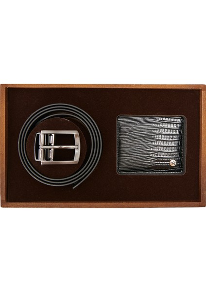 ALTINYILDIZ CLASSICS Erkek Siyah Özel Ahşap Hediye Kutulu Kemer - Kartlık Aksesuar Set Damat Bohçası modelleri
