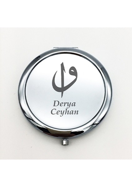 Kişiye Özel İsimli Vav ve Elif Baskılı Daire Metal Ayna Çanta, Cep ve Makyaj Aynası