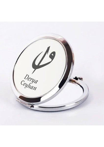 Kişiye Özel İsimli Vav ve Elif Baskılı Daire Metal Ayna Çanta, Cep ve Makyaj Aynası modelleri