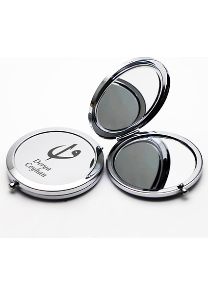 Kişiye Özel İsimli Vav ve Elif Baskılı Daire Metal Ayna Çanta, Cep ve Makyaj Aynası fırsatları