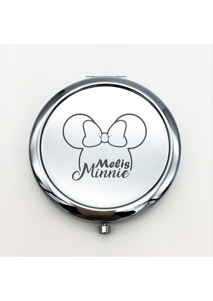 Kişiye Özel İsimli Minnie Mouse Baskılı Daire Metal Ayna Çanta, Cep ve Makyaj Aynası