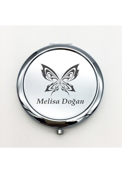 Kişiye Özel İsimli Kelebek Baskılı Daire Metal Ayna Çanta, Cep ve Makyaj Aynası