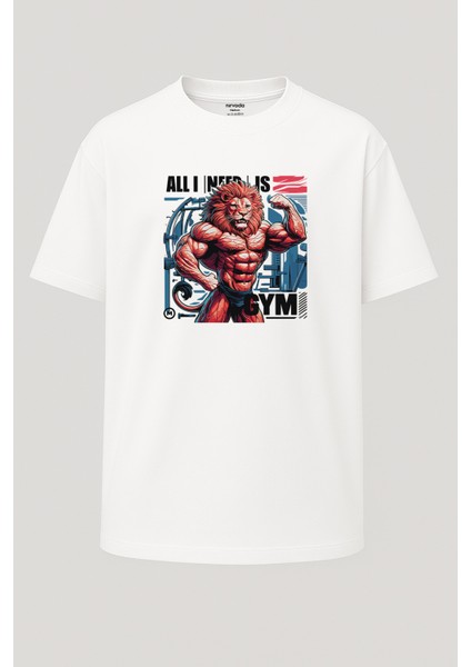 Oversize Kaslı Aslan Fitness Baskılı Beyaz Tişört
