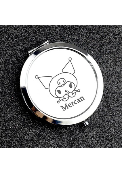 Kişiye Özel İsimli Kuromi Baskılı Daire Metal Ayna Çanta, Cep ve Makyaj Aynası