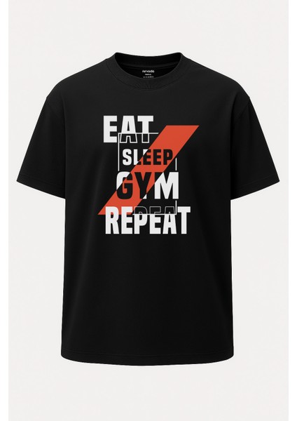 Oversize Eat Sleep Gym Fitness Baskılı Tişört