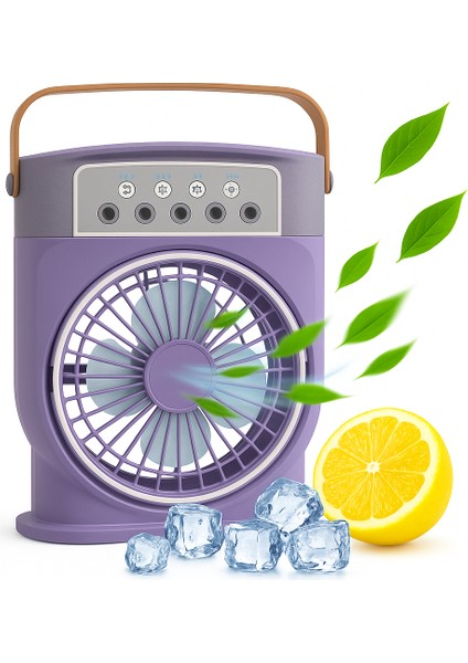 CRV-002 Şarjlı Mini Buharlı Hava Soğutucu, Taşınabilir Portatif Mobil Sulu Klima, 3 Rüzgar Hızı, 3 Sis Modu, Buzlu Vantilatör 5 Sprey Delikli ile LED Işıklı 26CM x 20CM Mor Renk
