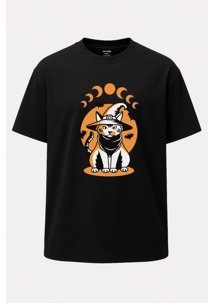 Oversize Halloween Kedisi Cadılar Bayramı Baskılı Tişört