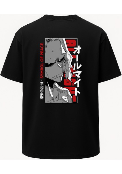Oversize Symbol Of Peace Boku No Hero Baskılı Tişört Siyah