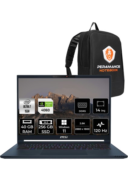 Msı Stealth 14 Aı Intel Core Ultra 7 155H 40GB 256GB SSD RTX4060/8GB 14" 2.8k OLED 120Hz Windows 11 Pro Taşınabilir Bilgisayar & Per4 Çanta A1VFG217XTRP401