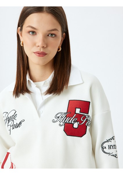 Yeni Sezon Polo Yaka Düğmeli Oversize Kolej Nakışlı Şardonlu Sweatshirt