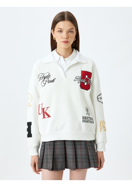 Yeni Sezon Polo Yaka Düğmeli Oversize Kolej Nakışlı Şardonlu Sweatshirt modelleri
