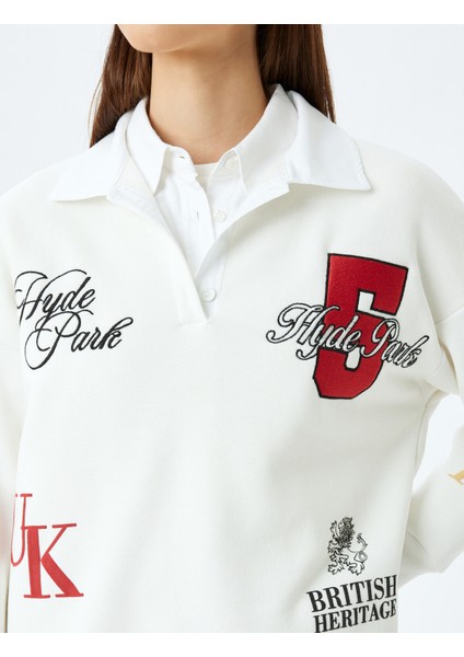 Yeni Sezon Polo Yaka Düğmeli Oversize Kolej Nakışlı Şardonlu Sweatshirt indirimleri