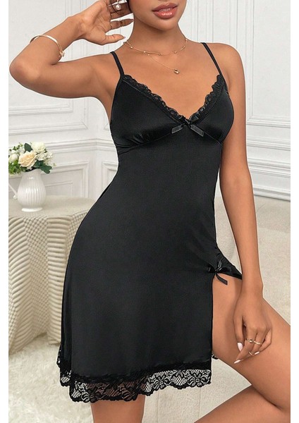 Kadın Siyah Dantelli Fiyonklu ve Yırtmaçlı Şık Gecelik fırsatları