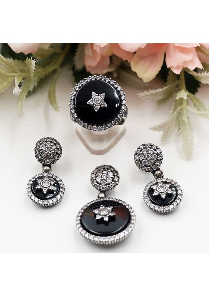 Zirkon Taşlı Oniks Taş Üzerinde Yıldız Set