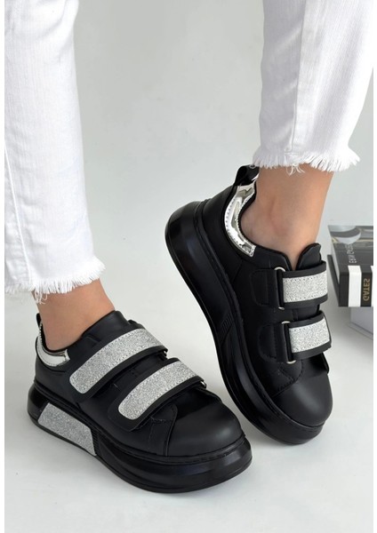 Nino Siyah Cilt Simli Cırt Cırtlı Spor Ayakkabı modelleri