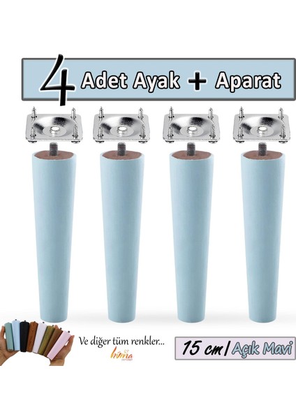 4 Adet Ahşap Ayak 15 cm Açık Mavi M8 Civatalı Bağlantı Aparatlı Dolap Mobilya Koltuk Kanepe Destek Ayağı Ayakları