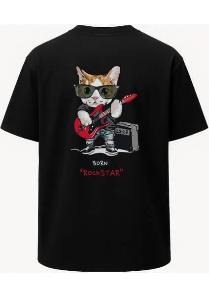 Oversize Rockstar Gitarist Kedi Baskılı Unisex Tişört