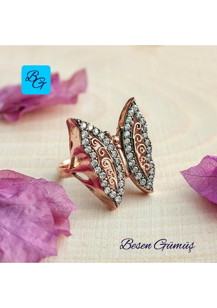 Rose ve Siyah Rodajlı Kelebek Model Taşlı Gümüş Kadın Yüzük - 12
