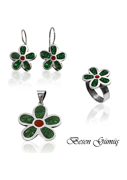 Mozaik Malakit ve Mercan Çiçek Model Özel Tasarım El Yapımı Gümüş Set