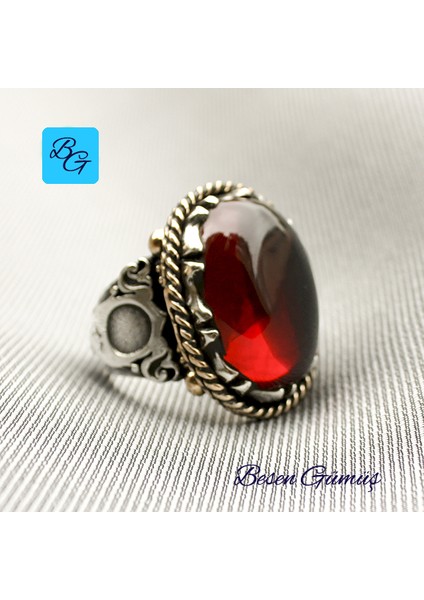 Oval Büyük Kırmızı Kehribar Taşlı Özel Tasarım Gümüş Erkek Yüzük - 17