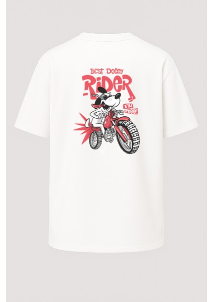 Oversize Rider Motorcu Köpek Baskılı Unisex Tişört