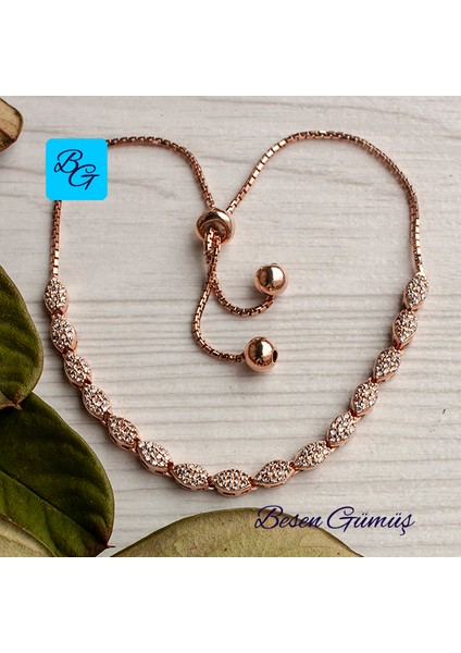 Zirkon Taşlı Rose Oval Asansör Bileklik