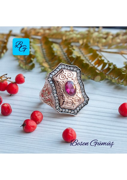 Rose Yakut Taşlı Sekizgen Formlu Osmanlı Yüzük - 16