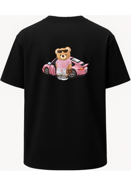 Oversize Pembe Arabalı Sevimli Ayıcık Baskılı Unisex Tişört