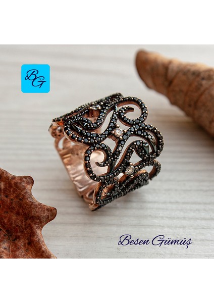 Oniks Taşlı Ortası Zirkon Geniş Yüzük - 15