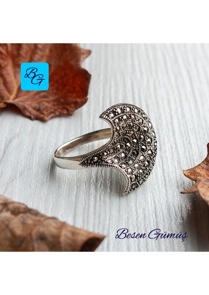 Yarım Yuvarlak Bombeli Markazit Taşlı Yüzük - 11