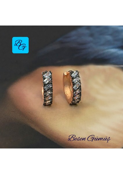 Rose Siyah Dikdörtgen Baget Zirkon Taşlı Halka Küpe