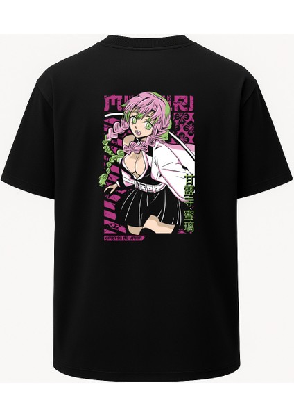 Oversize Mitsuri Pembe Demon Slayer Baskılı Unisex Tişört Siyah