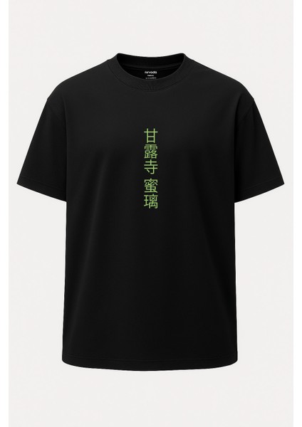 Oversize Mitsuri Pembe Demon Slayer Baskılı Unisex Tişört Siyah