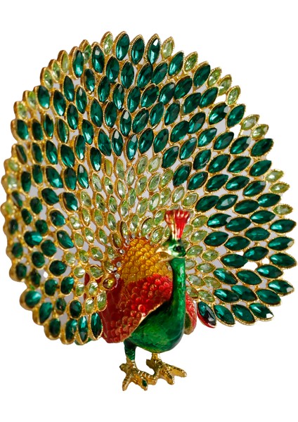 Kristal Taşlı Metal Tavus Kuşu Biblo – El Işçiliği Dekoratif Figür – 17X16 cm – Lüks Ev & Ofis Süs Eşyası