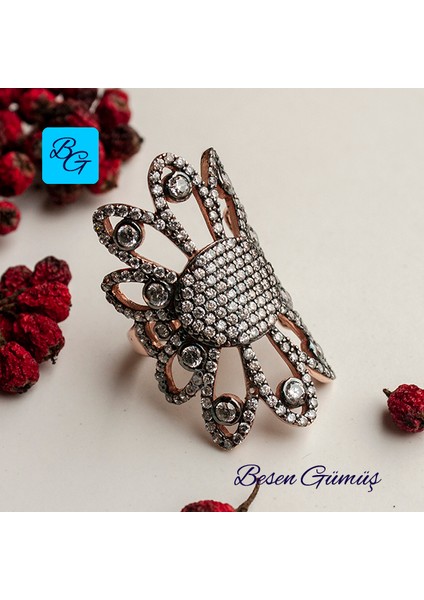 Zirkon Taşlı Rose Garbera Model Yüzük - 14
