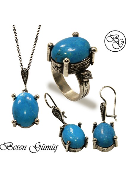Özel Tasarım Doğal Firuze Taşlı Gümüş Set