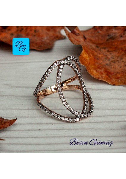 Iç Içe Geçmeli Taşlı Gümüş Kadın Yüzük - 14