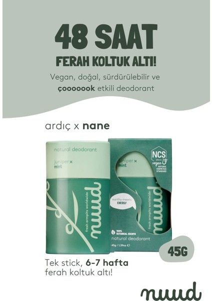 Juniper x Mint Stick 45G 48 Saat Etkili, Doğal & Vegan Parfümsüz Ardıç x Nane Kokulu Stick Deodorant